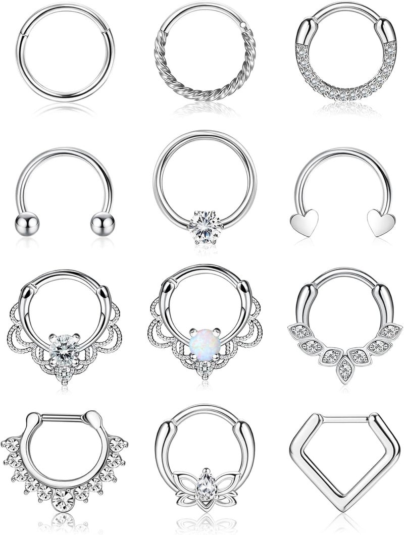 Yadoca 12pcs 16G Septum Rings for Women Men Hypoallergenic Surgical Steel Nose Piercings Jewelry Clicker Hinged Tragus Hoop Earrings CZ Love Nose Ring 8-10mm - Image 1